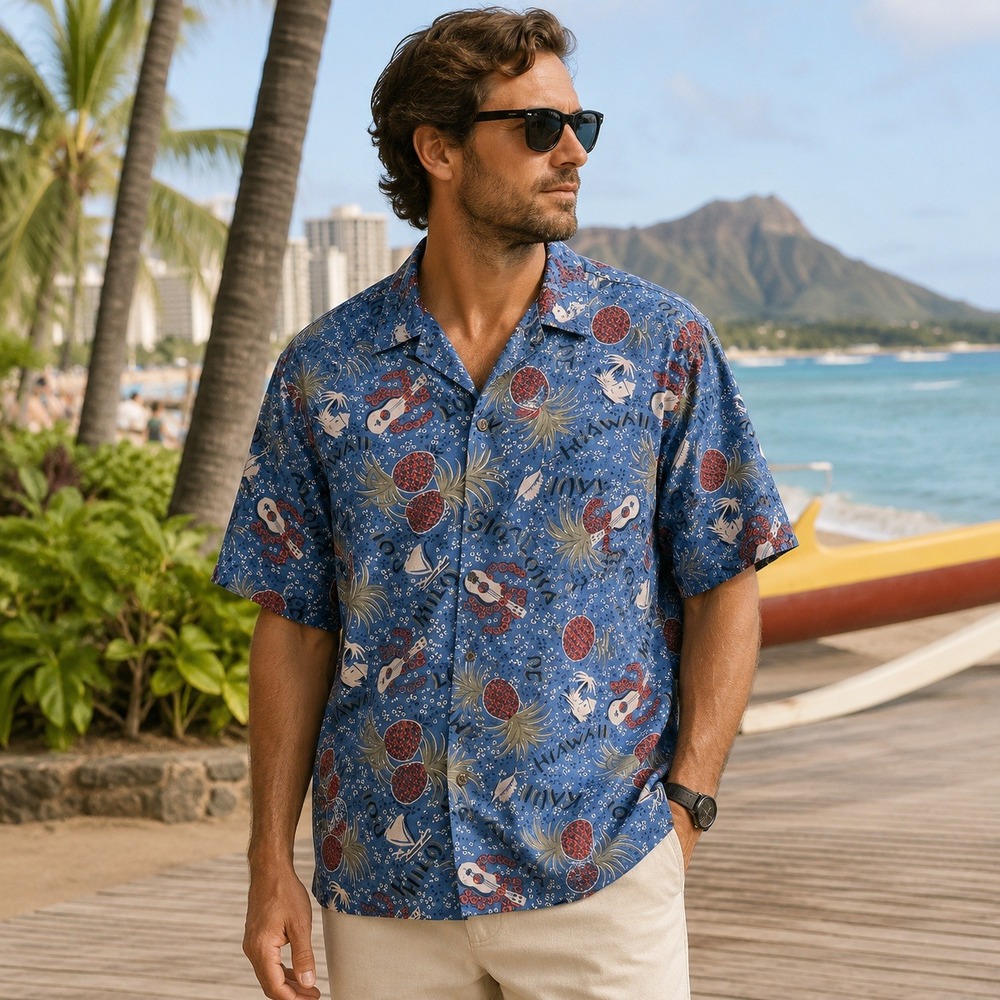 Vintage Avanti Hawaii Silk Aloha Shirt Pineapple Ukulele Blue Men's XL